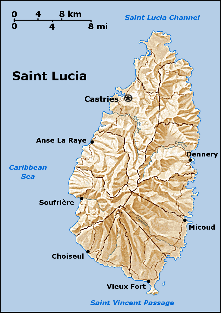 Peta geografis Saint Lucia, menunjukkan topografi dan kota-kota utama.