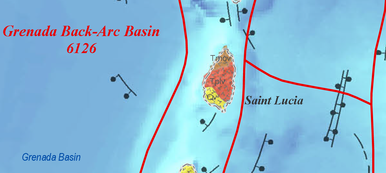 Peta geologi Saint Lucia. Tmov menunjukkan batuan vulkanik Miosen/Oligosen, Tplv adalah batuan vulkanik kalk-alkalin Pliosen, dan Qv adalah bangunan vulkanik, aliran, dan endapan piroklastik Kuarter.