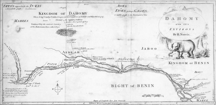 Map of the Kingdom of Dahomey in 1793, showing its extent in the region. The kingdom's economy was heavily reliant on the slave trade.