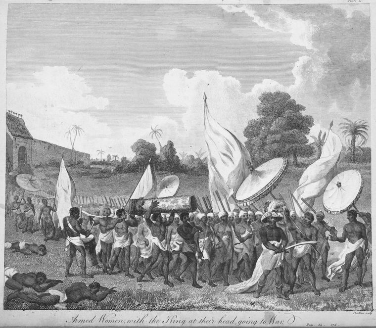 The Dahomey Amazons with the King, depicted going to war in 1793. This illustrates the significant military role of women in the Kingdom of Dahomey, a state heavily involved in the slave trade.