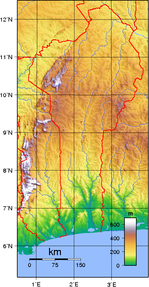 Topographic map of Benin, illustrating its varied elevations from the coastal plains to the Atakora Mountains in the northwest.
