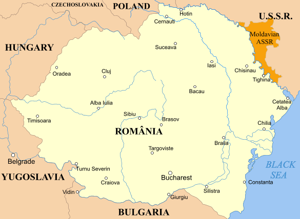 Map showing the Moldavian ASSR (orange) and Romania, 1924-1940. The MASSR included present-day Transnistria and parts of modern Ukraine.