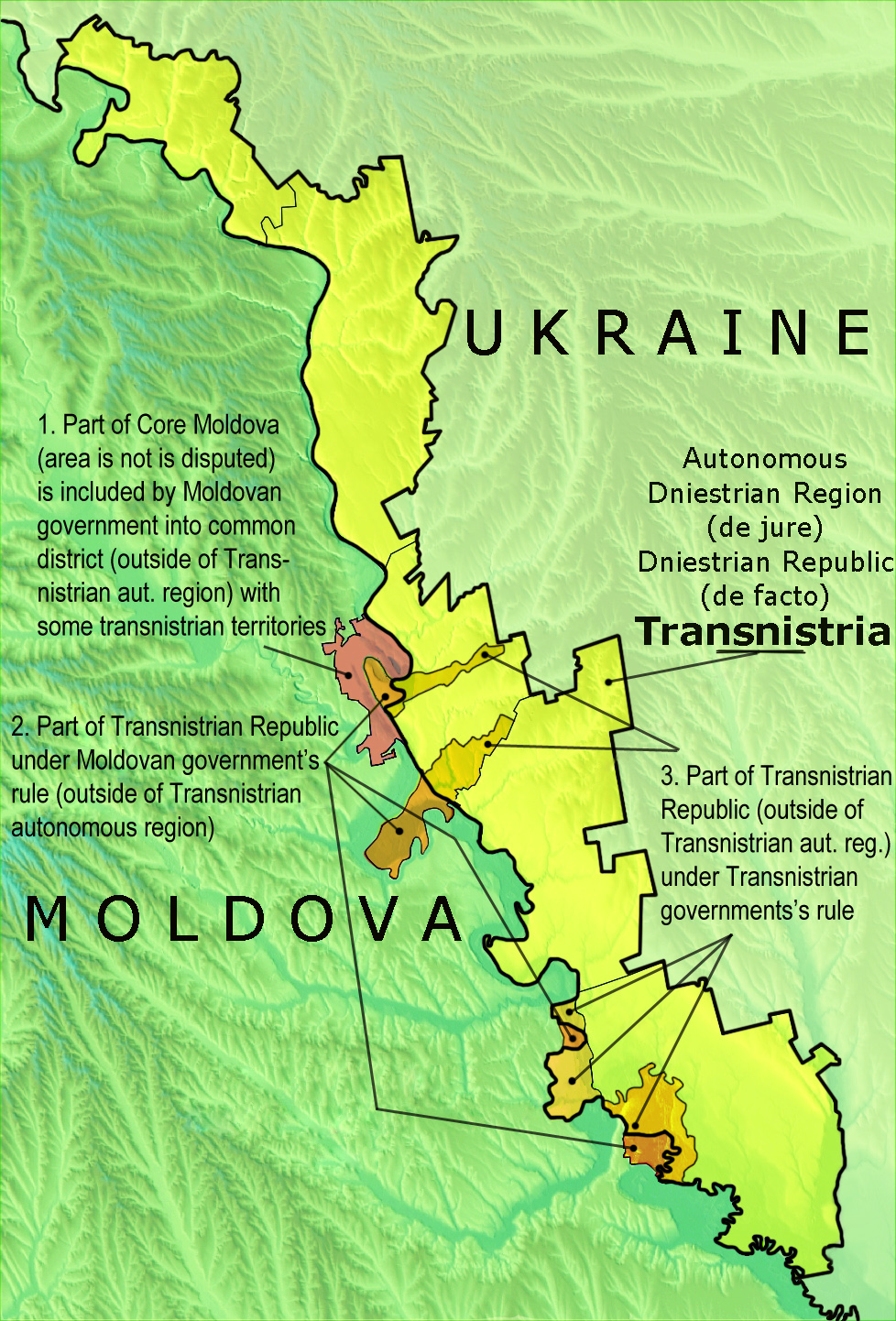 Political map illustrating the differences between the de facto Pridnestrovian Moldavian Republic (red) and the de jure Autonomous Dniestrian Territory envisioned by Moldova (purple outline), also showing Moldovan-controlled areas on the left bank (blue).
