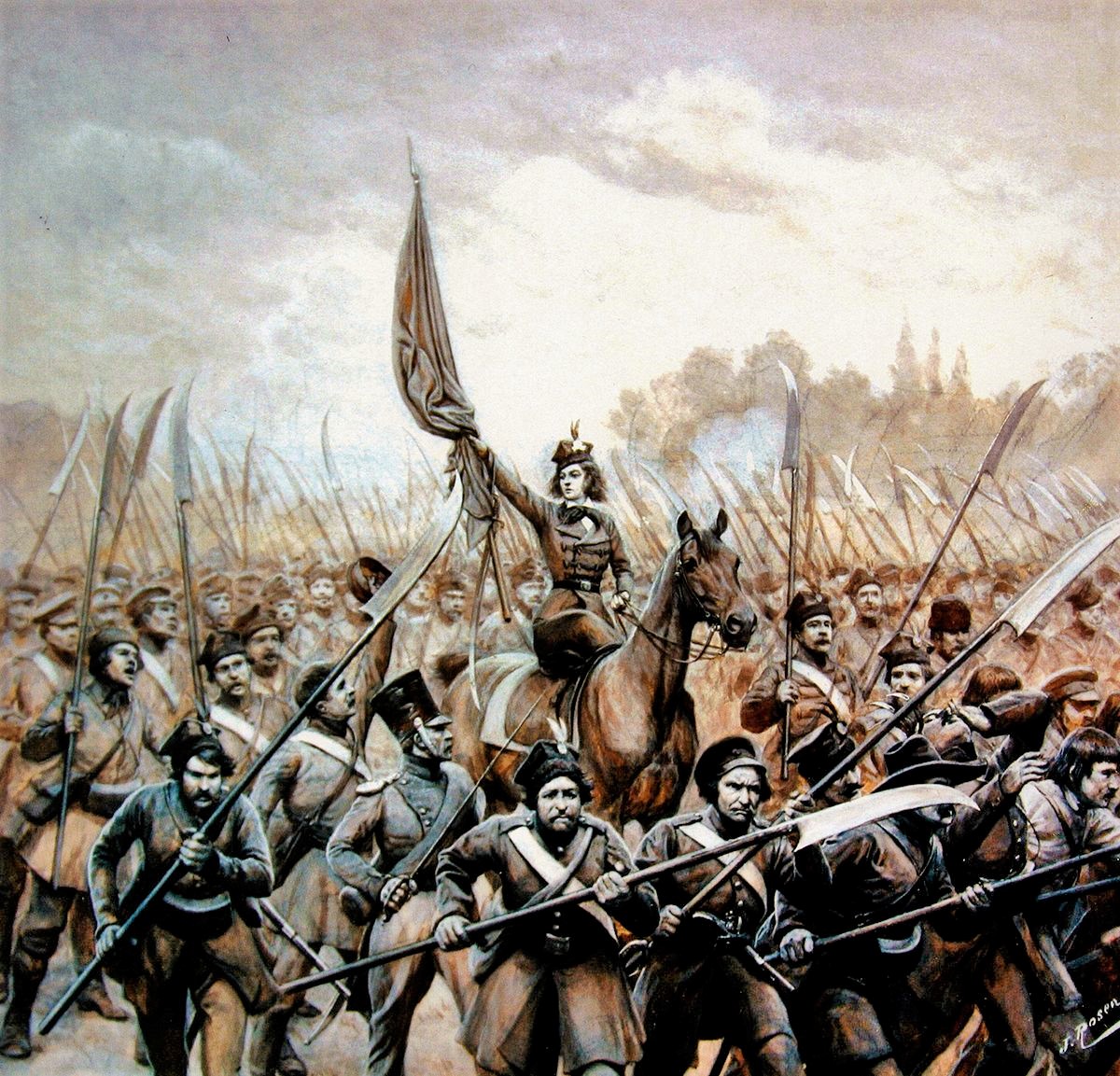 Emilia Plater mengetuai petani bersenjatakan sabit semasa Pemberontakan 1831 menentang Empayar Rusia; sering digelar sebagai Joan of Arc Lithuania