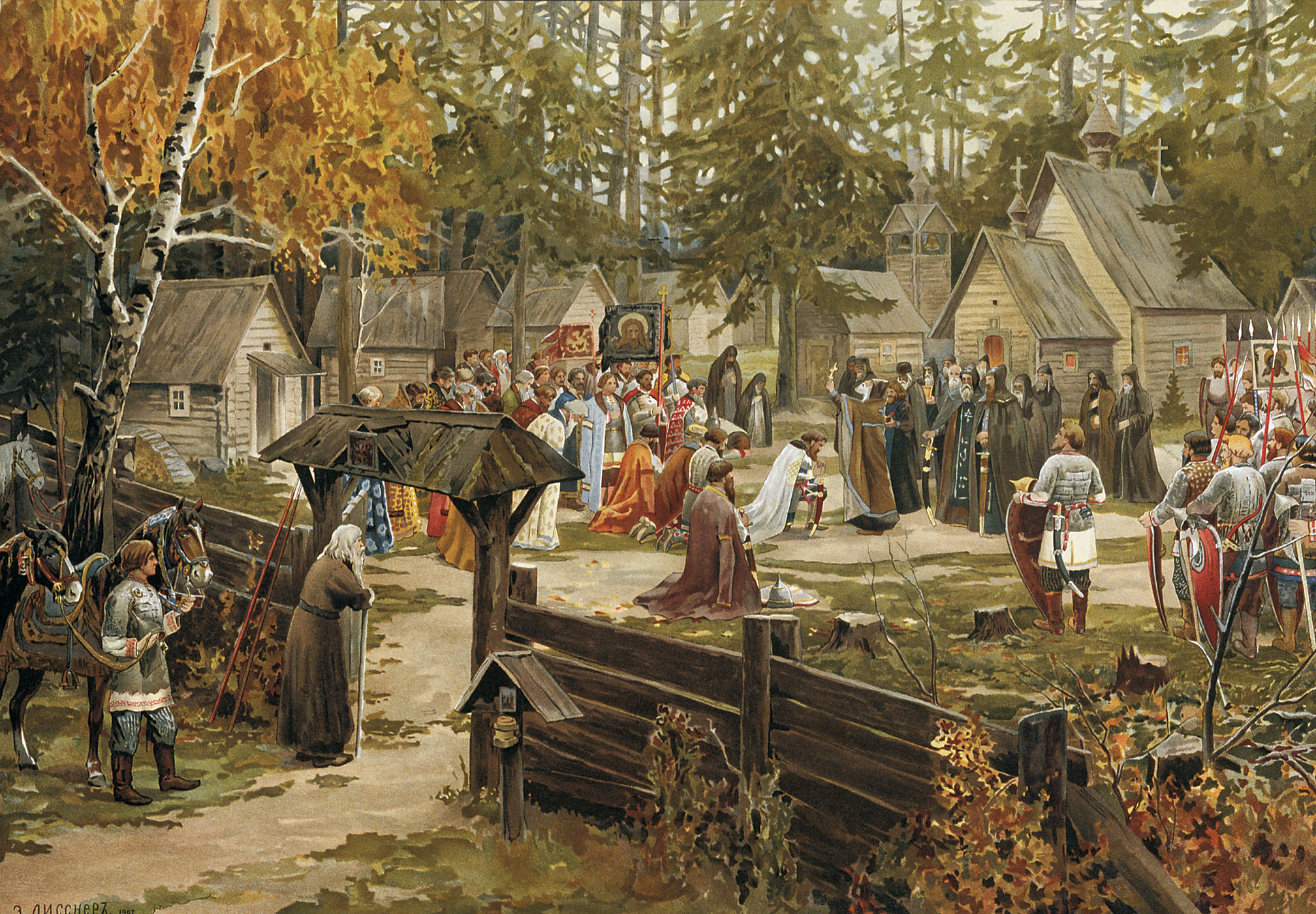 Sergius dari Radonezh memberkati Dmitry Donskoy di Trinity Sergius Lavra, sebelum Pertempuran Kulikovo, digambarkan dalam lukisan oleh Ernst Lissner