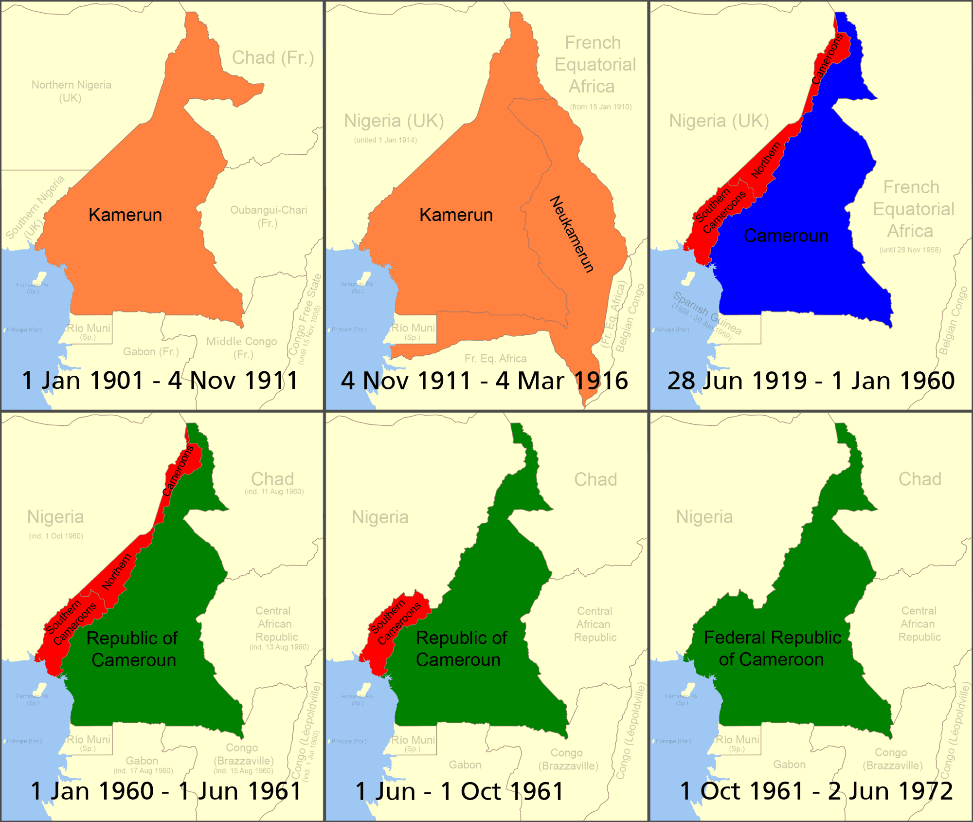 การเปลี่ยนแปลงอาณาเขตของแคเมอรูน (ค.ศ. 1901-1973): สีส้มอ่อน - เยอรมันแคเมอรูน; สีแดง - บริติชแคเมอรูน; สีน้ำเงิน - เฟรนช์แคเมอรูน; สีเขียว - แคเมอรูนหลังประกาศเอกราช