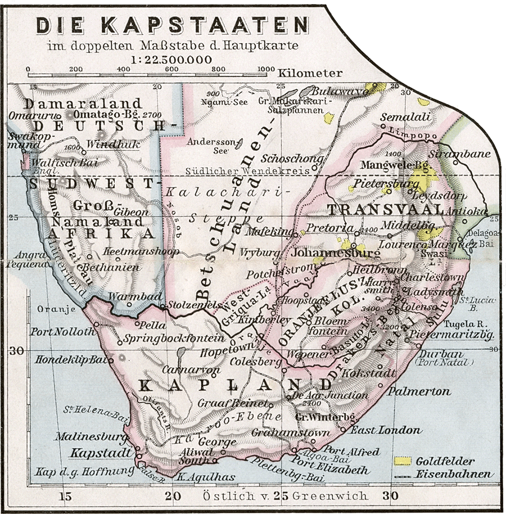 Peta Jerman tahun 1905 mengenai Afrika Selatan, menunjukkan kawasan Bechuanaland yang masih belum dibahagikan.