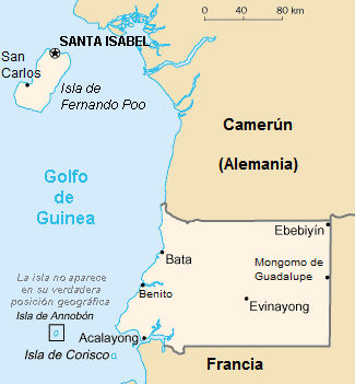 Borders of Spanish Guinea after the Treaty of Paris (1900), defining the mainland territory of Río Muni. These borders remained until independence in 1968.