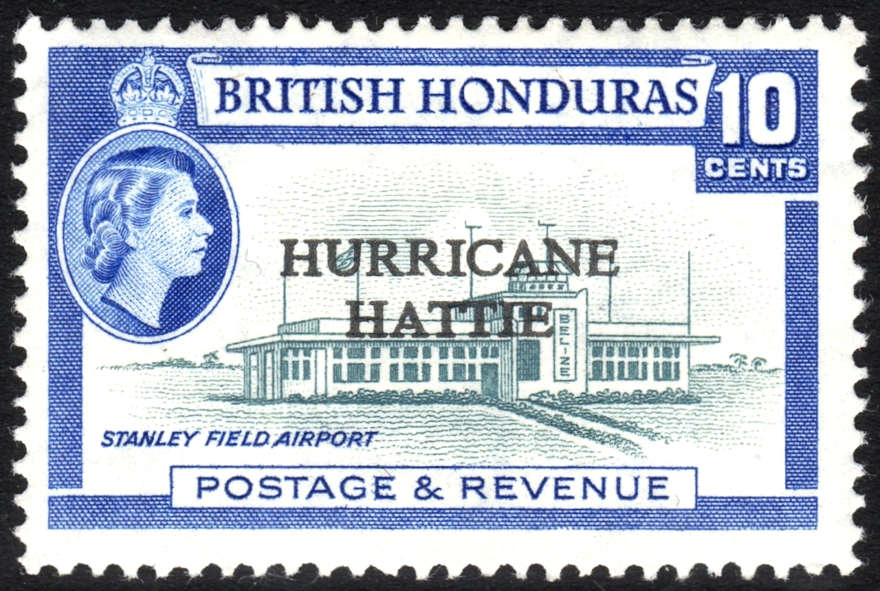 Một con tem của Honduras thuộc Anh được in đè năm 1962 để kỷ niệm Bão Hattie