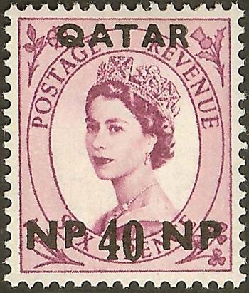 Setem siri Wilding British, dikeluarkan pada 1 April 1957, dan dicetak tindih untuk kegunaan di Qatar