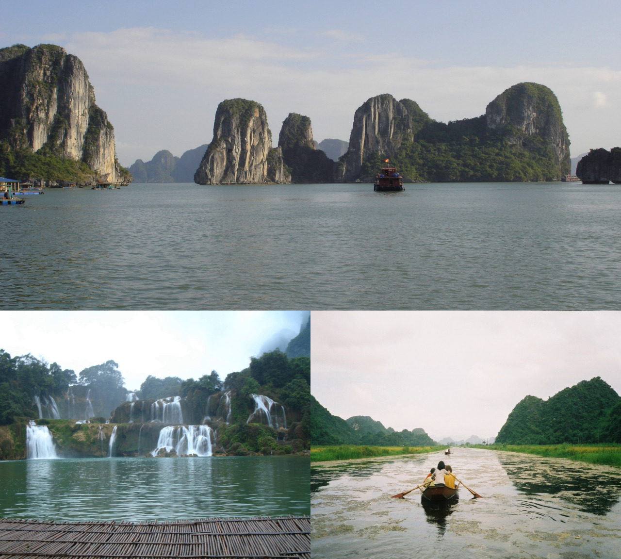 Tarikan alam semula jadi di Vietnam, mengikut arah jam dari atas: Teluk Hạ Long, Sungai Yến, dan Air Terjun Bản-Giốc