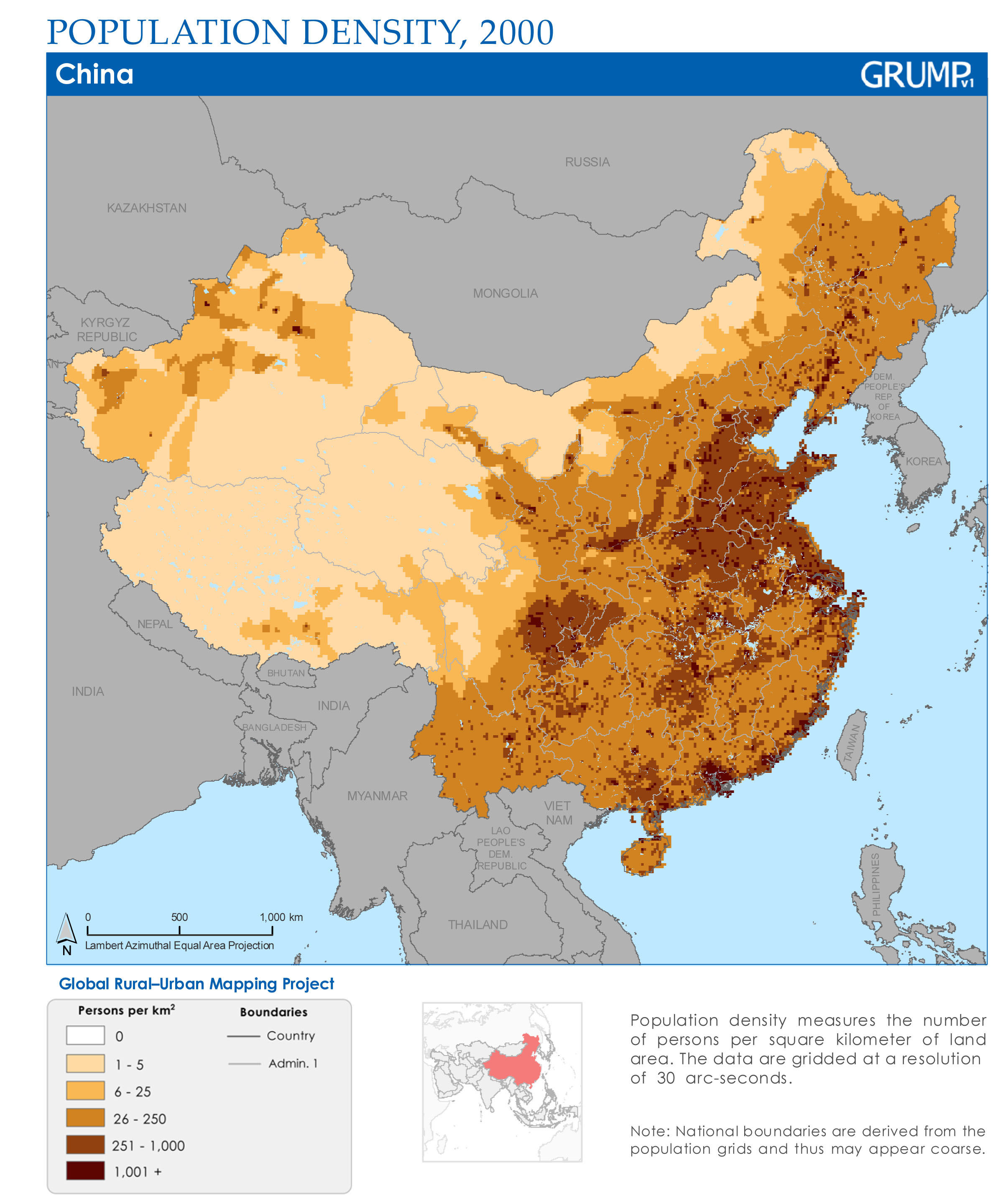 Bản đồ mật độ dân số của Cộng hòa Nhân dân Trung Hoa (2000)