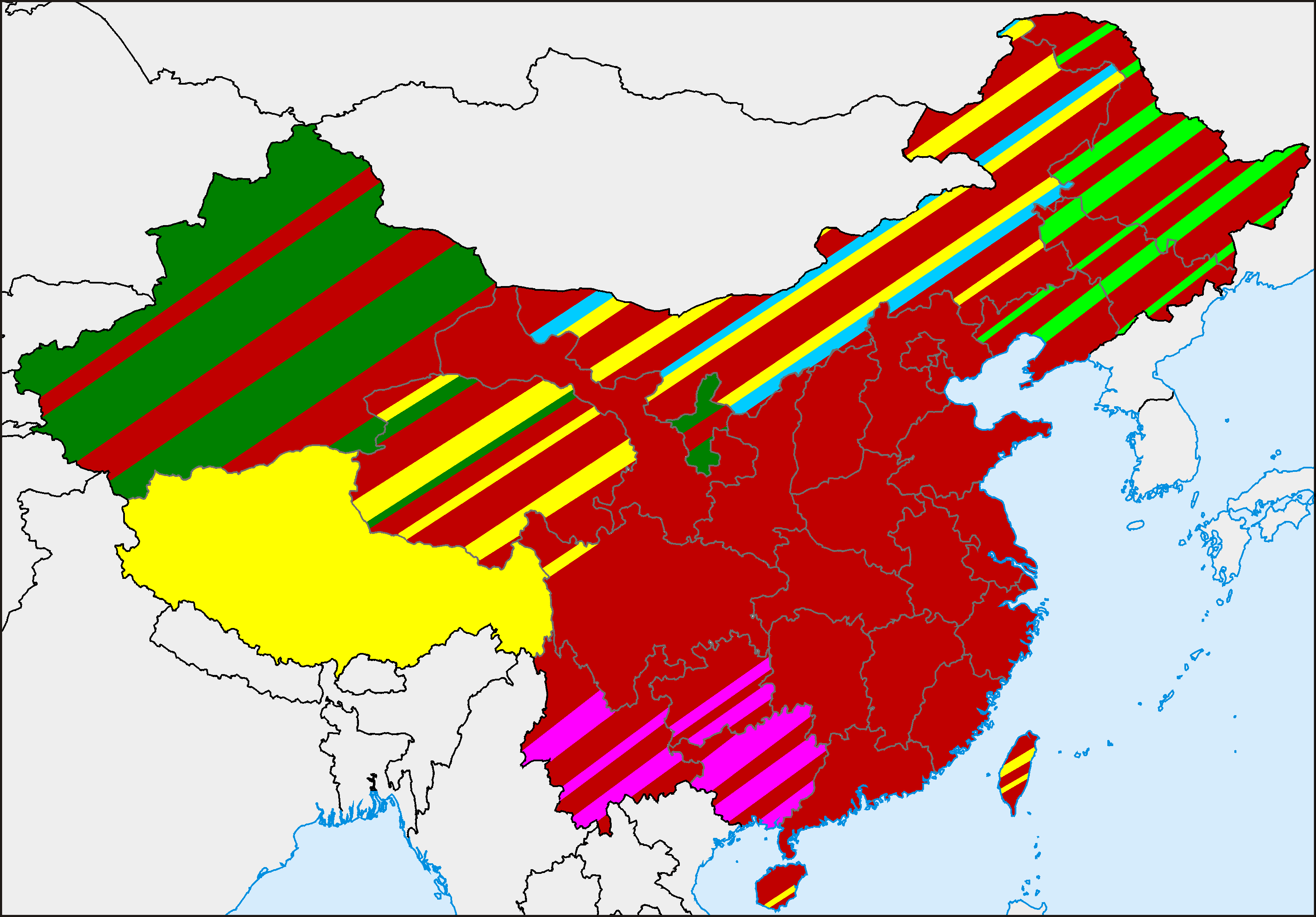 Phân bố địa lý các tôn giáo ở Trung Quốc. Chú giải: Màu đỏ biểu thị Tôn giáo dân gian Trung Quốc (bao gồm Nho giáo, Đạo giáo, và các nhóm Phật giáo Trung Quốc); màu vàng biểu thị Phật giáo nói chung; màu xanh lá cây biểu thị Hồi giáo; màu hồng tím biểu thị Tôn giáo bản địa của các dân tộc thiểu số; màu xanh lam nhạt biểu thị Tôn giáo dân gian Mông Cổ; màu xanh lá cây nhạt biểu thị Tôn giáo dân gian Đông Bắc Trung Quốc chịu ảnh hưởng của người Tungus và Shaman giáo Mãn Châu, cũng như Thiện Nhân Đạo phổ biến.