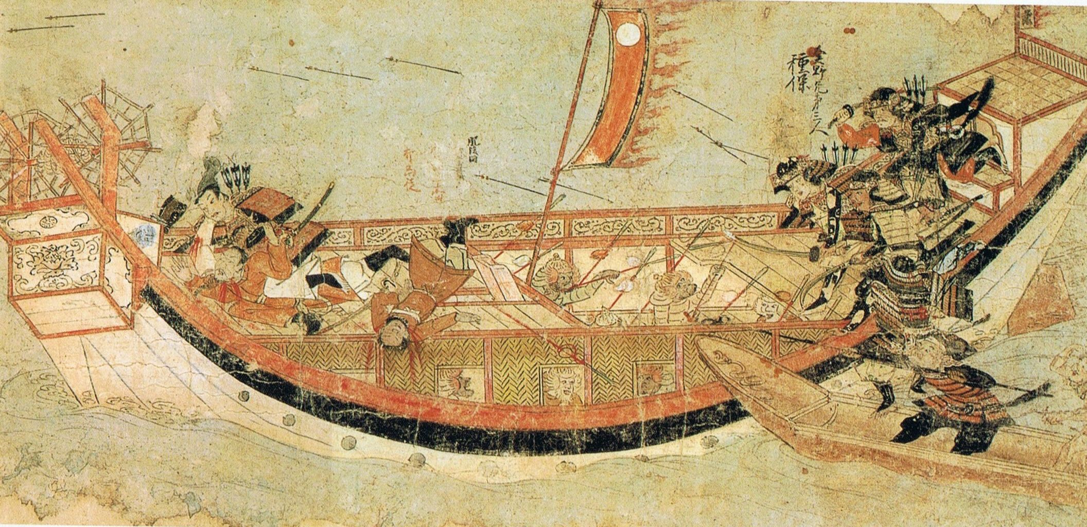 Samurai Jepang menaiki kapal Mongol selama invasi Mongol ke Jepang, digambarkan dalam Mōko Shūrai Ekotoba (蒙古襲来絵詞Mōko Shūrai EkotobaBahasa Jepang), 1293