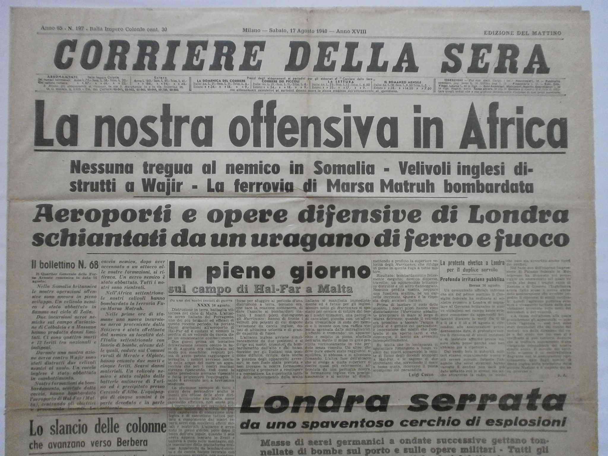Tờ báo Ý Corriere della Sera đưa tin về sự khởi đầu của cuộc tấn công vào Somaliland thuộc Anh.