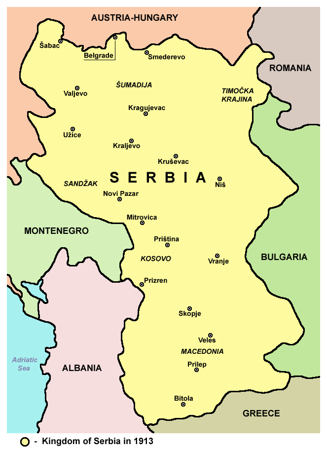 Pembahagian Vilayet Kosovo antara Kerajaan Serbia (kuning) dan Kerajaan Montenegro (hijau) berikutan Perang Balkan 1913.
