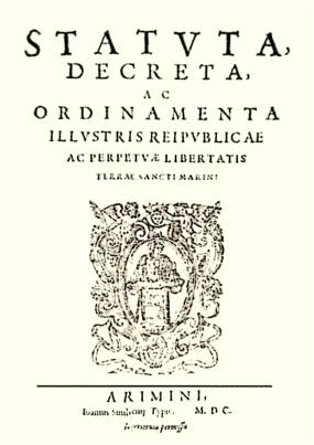 Perlembagaan San Marino, atau lebih tepatnya statut, tahun 1600.