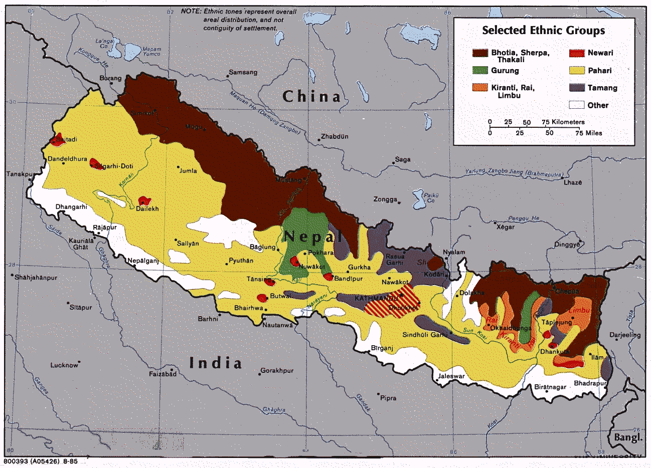 Ethnic distribution map of Nepal.