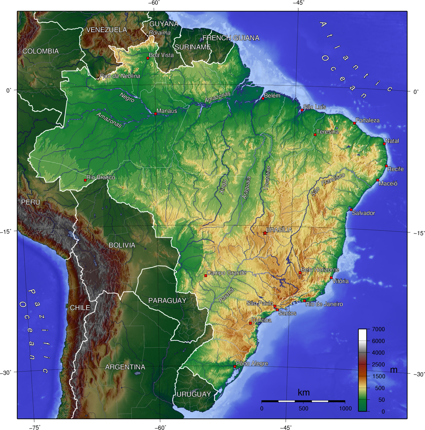 ブラジルの地形図。