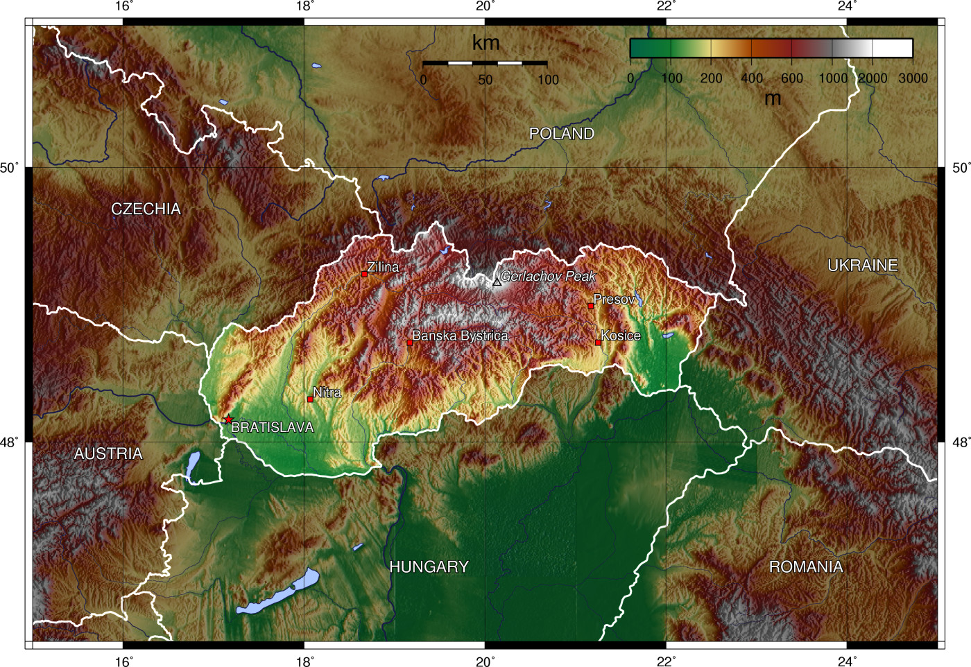 Sebuah peta topografi Slovakia