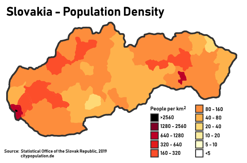 Kepadatan penduduk di Slovakia. Dua bandar terbesar jelas kelihatan, Bratislava di hujung barat dan Košice di timur.