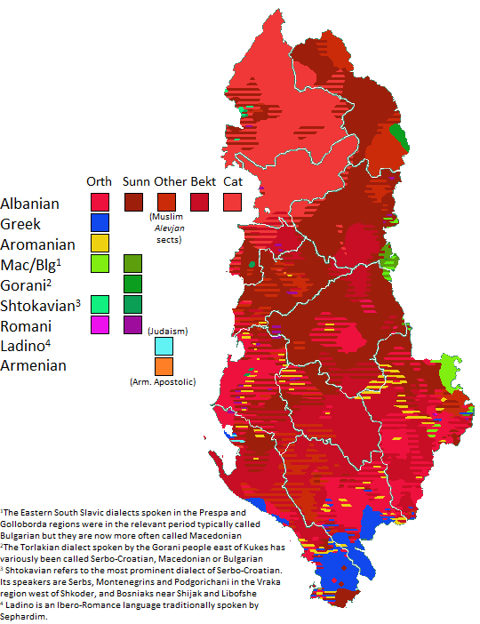 Các địa điểm truyền thống của các cộng đồng ngôn ngữ và tôn giáo ở Albania.