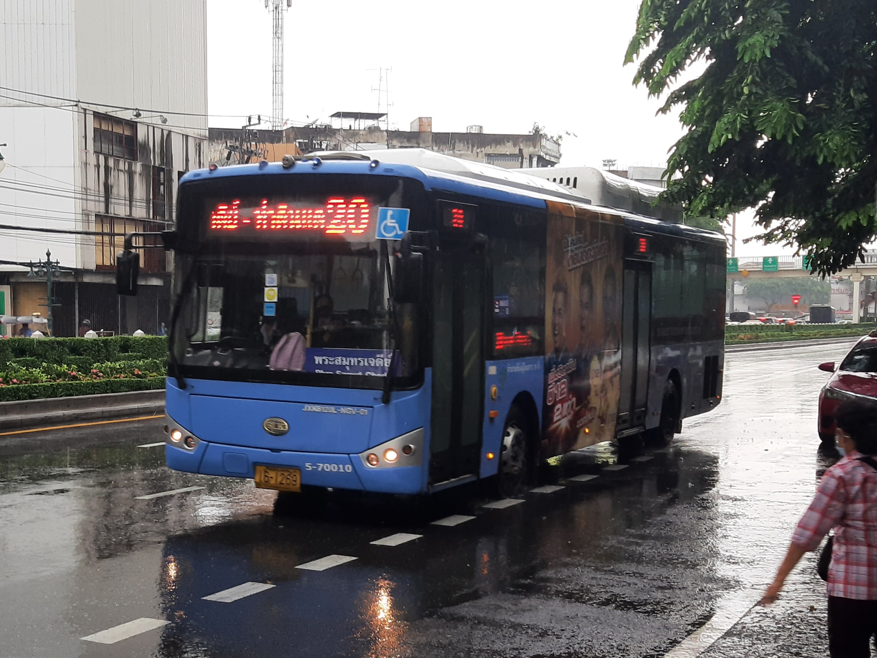 A public bus powered by natural gas in Bangkok, part of the city's extensive road transport system.