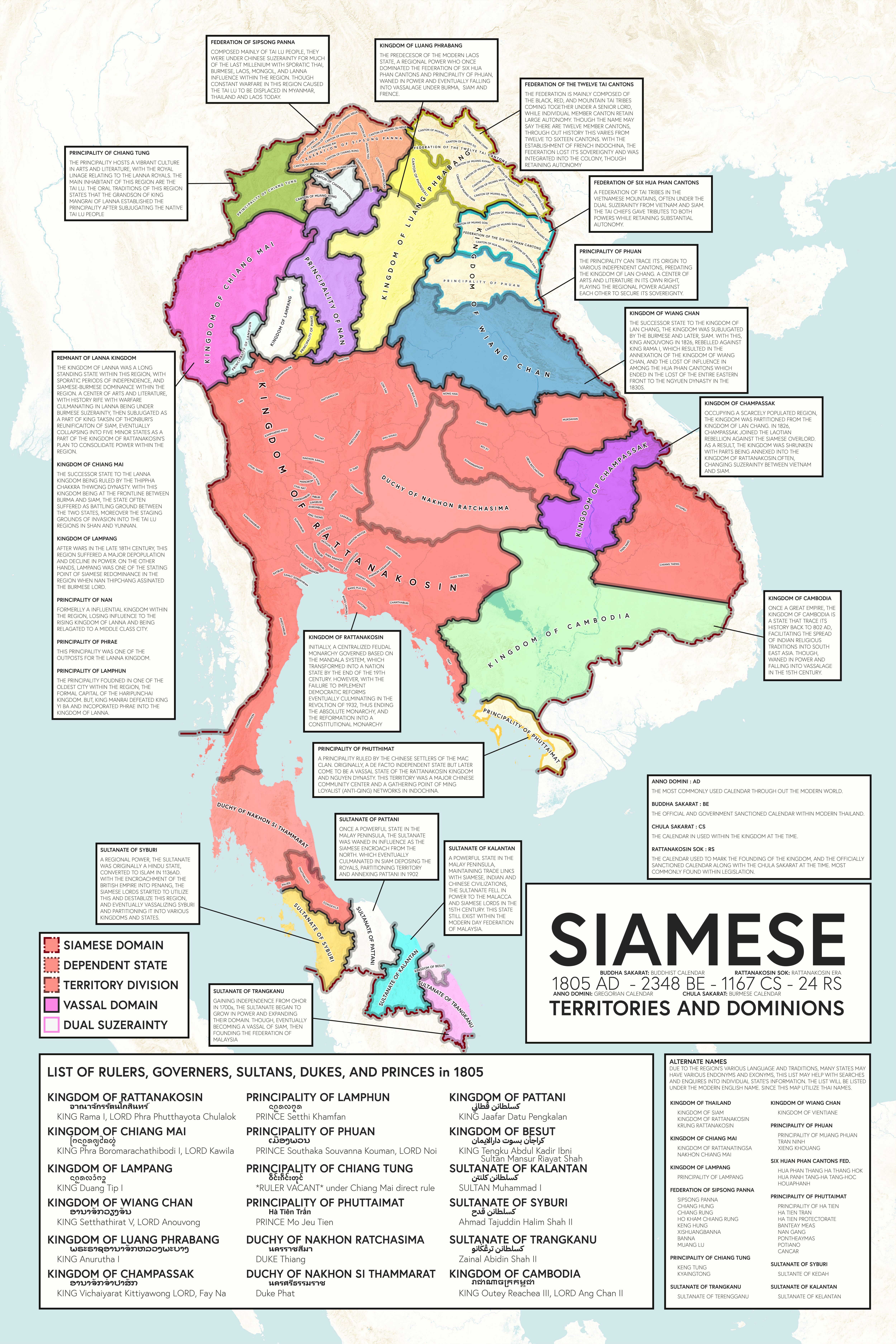 Wilayah dan penguasaan Siam pada kemuncaknya pada tahun 1805, hasil daripada Perang Burma-Siam (1802-1805)