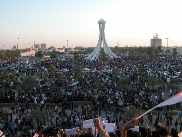 Pro-democracy protesters at the Pearl Roundabout in Manama during the 2011 Bahraini uprising. The government's response to these protests led to widespread human rights concerns.