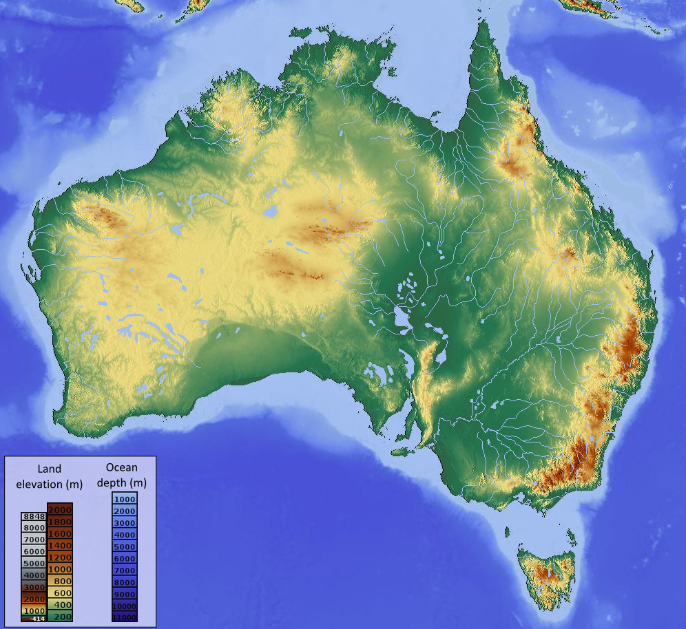 Peta topografi Australia (Hijau gelap mewakili ketinggian terendah dan coklat gelap yang tertinggi.)