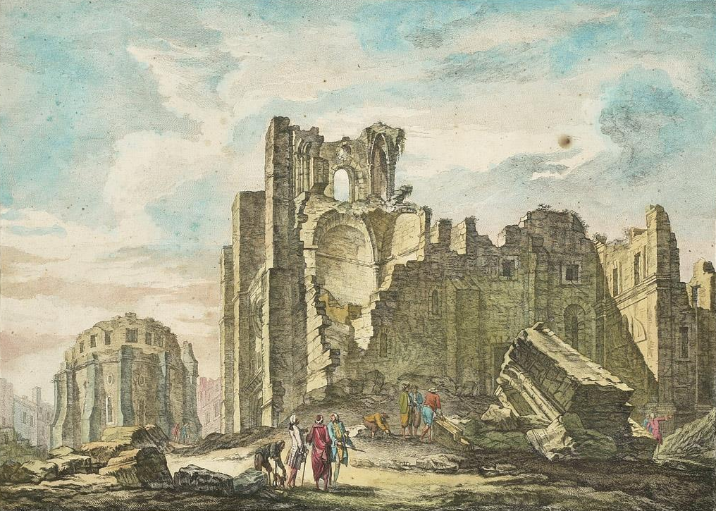 Reruntuhan Katedral Lisboa setelah Gempa Bumi Lisboa 1755.