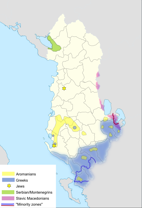 Các vùng có sự hiện diện truyền thống của các nhóm dân tộc khác ngoài người Albania.