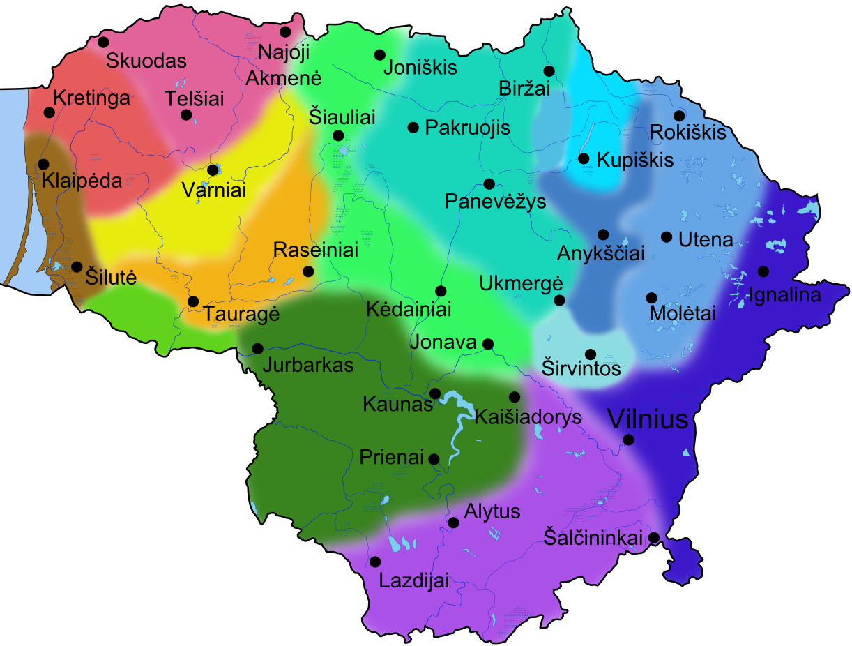 Dialects of the Lithuanian language. Aukštaitian dialect (green, blue, purple shades) and Samogitian dialect (yellow, red, brown shades) are the two main dialect groups.