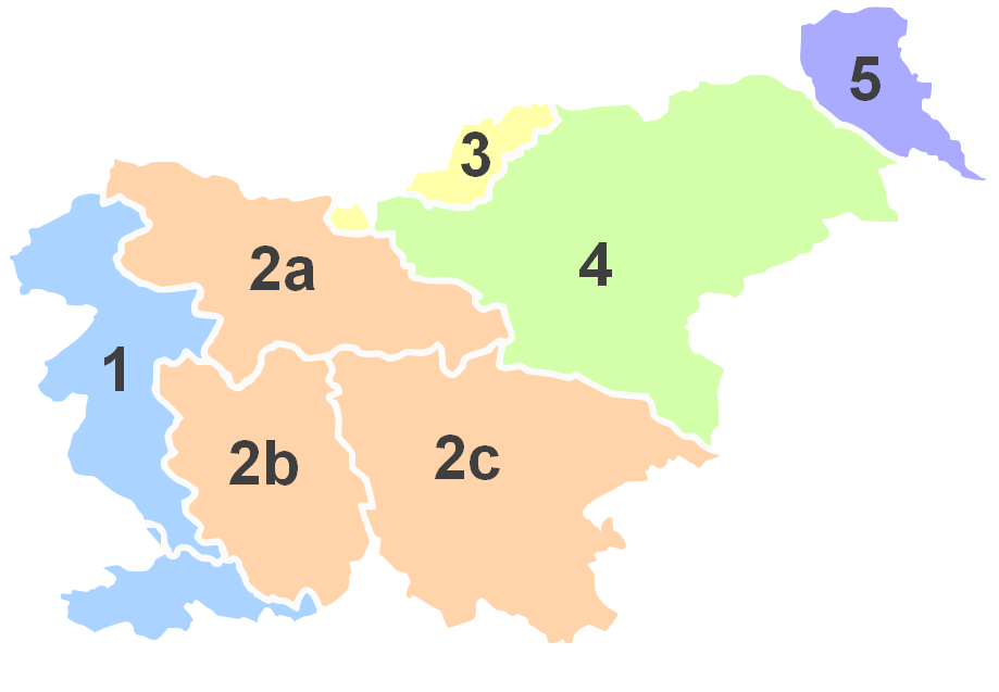 Các vùng truyền thống của Slovenia: 1. Duyên hải; 2. Karniola (2a Thượng, 2b Nội, 2c Hạ); 3. Carinthia; 4. Styria; 5. Prekmurje.