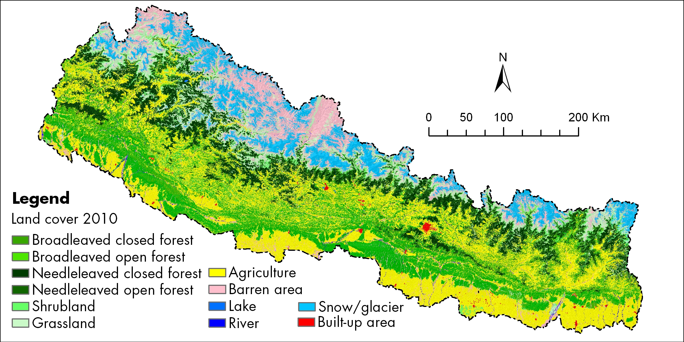 Peta tutupan lahan Nepal ini menggunakan data Landsat 30 m (2010) menunjukkan tutupan hutan sebagai jenis tutupan lahan dominan di Nepal.