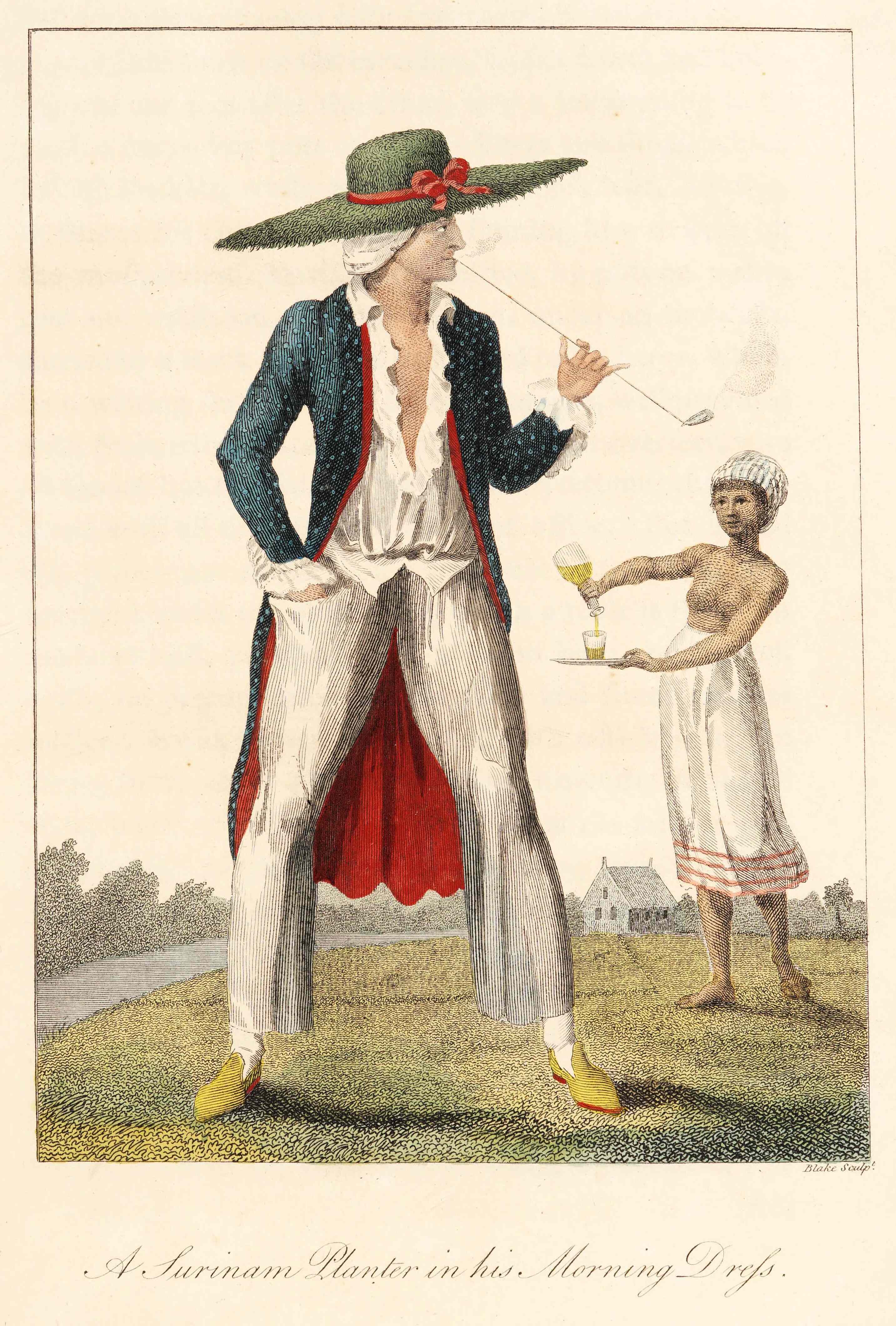 Seorang pemilik perkebunan Belanda dengan seorang budak wanita, dari ilustrasi William Blake tentang karya John Gabriel Stedman, diterbitkan pada tahun 1792-1794.