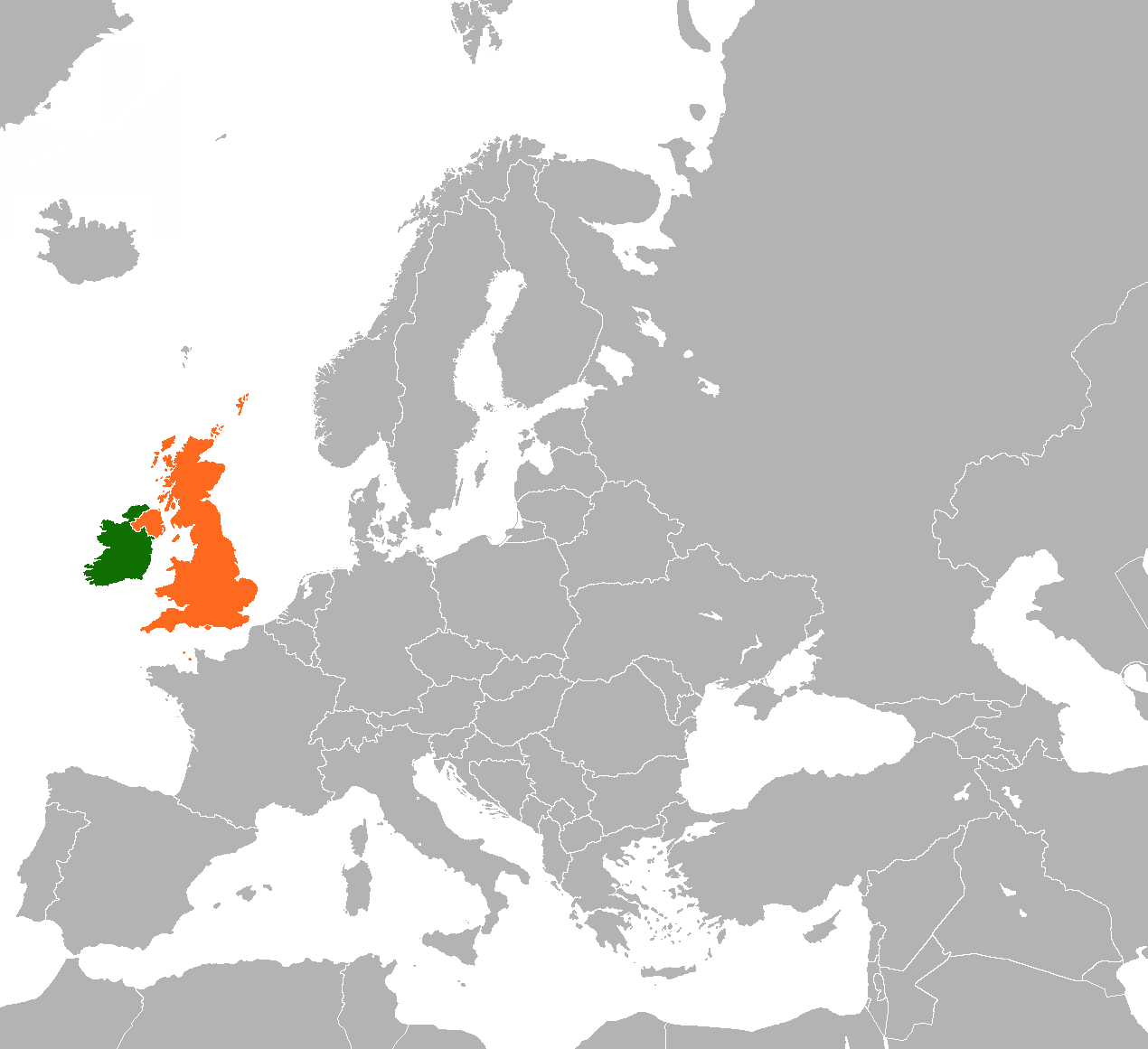 Lokasi Republik Irlandia (hijau) dan Britania Raya (oranye).
