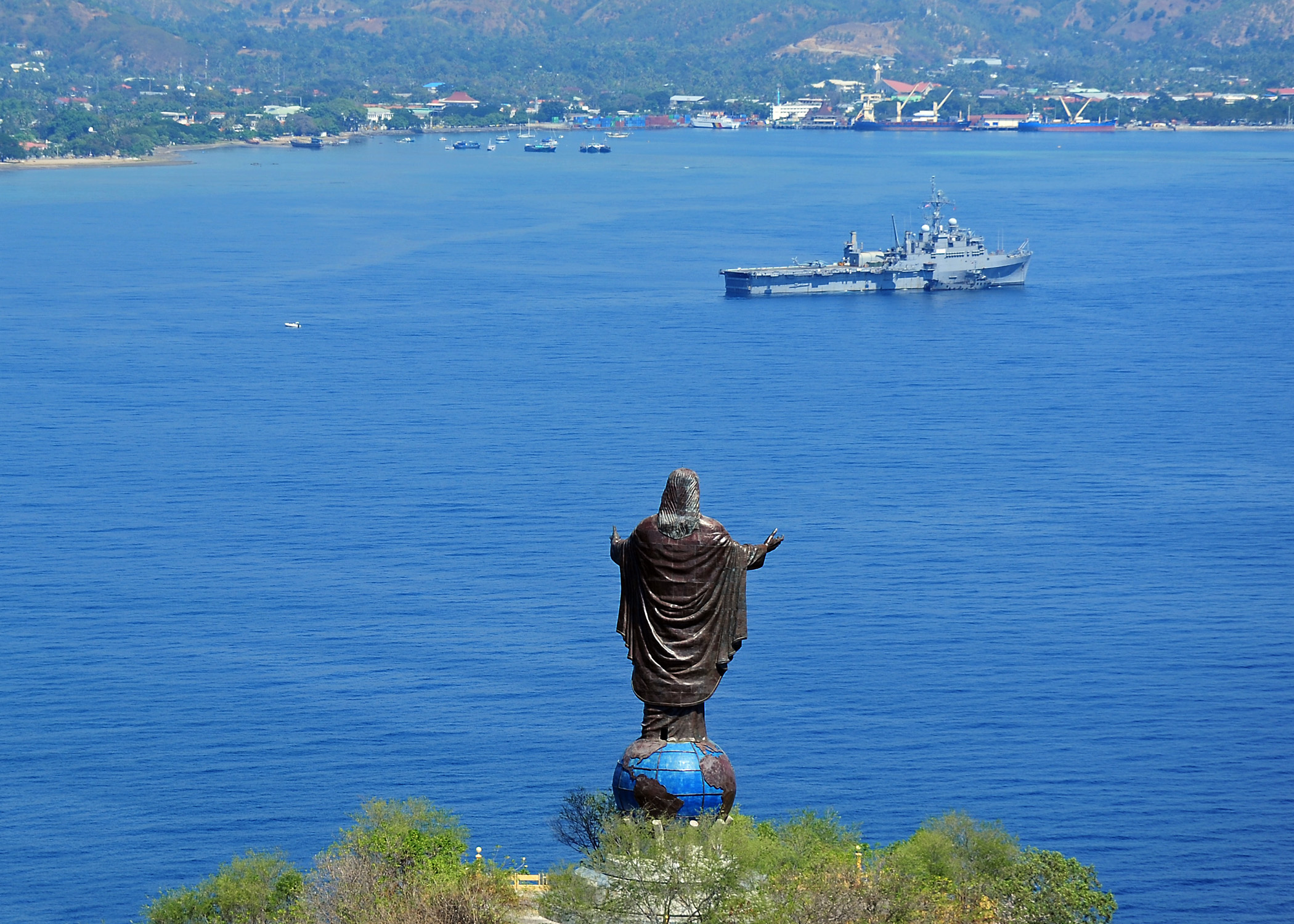 The Cristo Rei (Christ the King) statue overlooking Dili, a prominent Catholic landmark.
