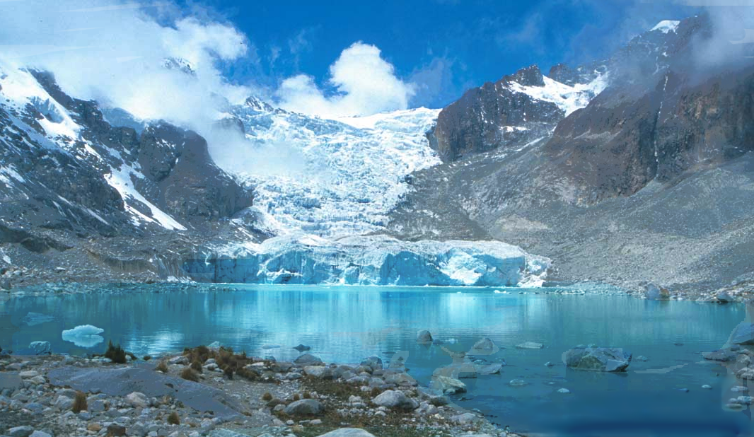 Laguna Glaciar in the Bolivian Andes, a high-altitude lake fed by glaciers that are rapidly retreating due to climate change.