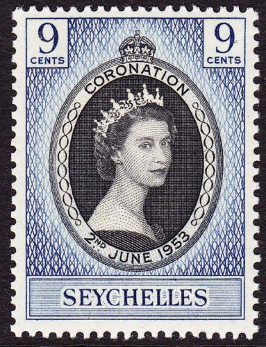 Prangko penobatan Seychelles tahun 1953 dengan potret Ratu Elizabeth II.