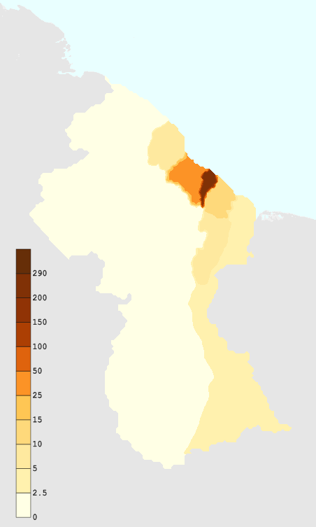 Kepadatan penduduk Guyana pada tahun 2005 (orang per km2)