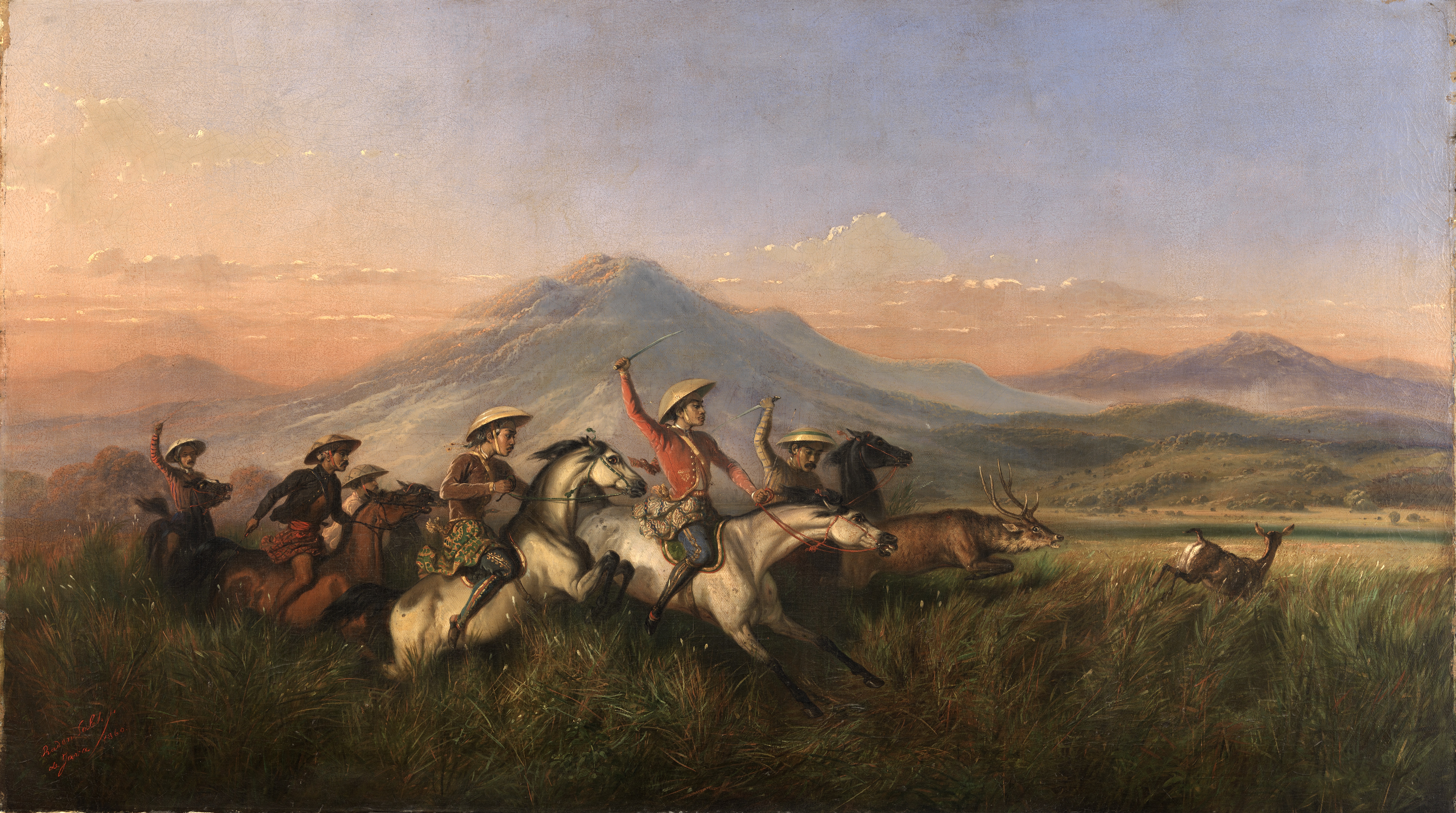 Enam Pahlawan Berkuda Mengejar Rusa (1860) oleh Raden Saleh