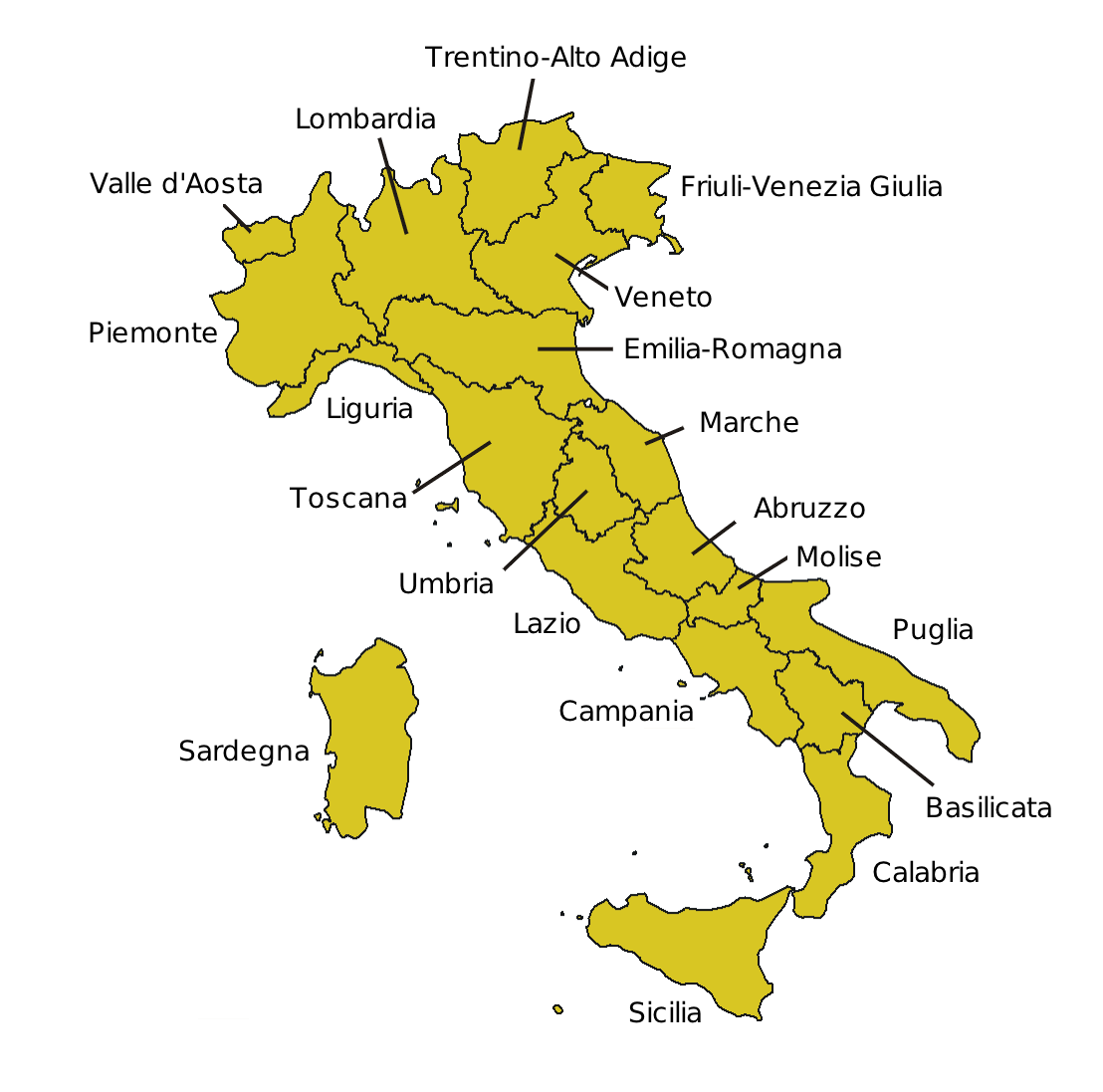 Peta 20 wilayah (regioni) di Itali.