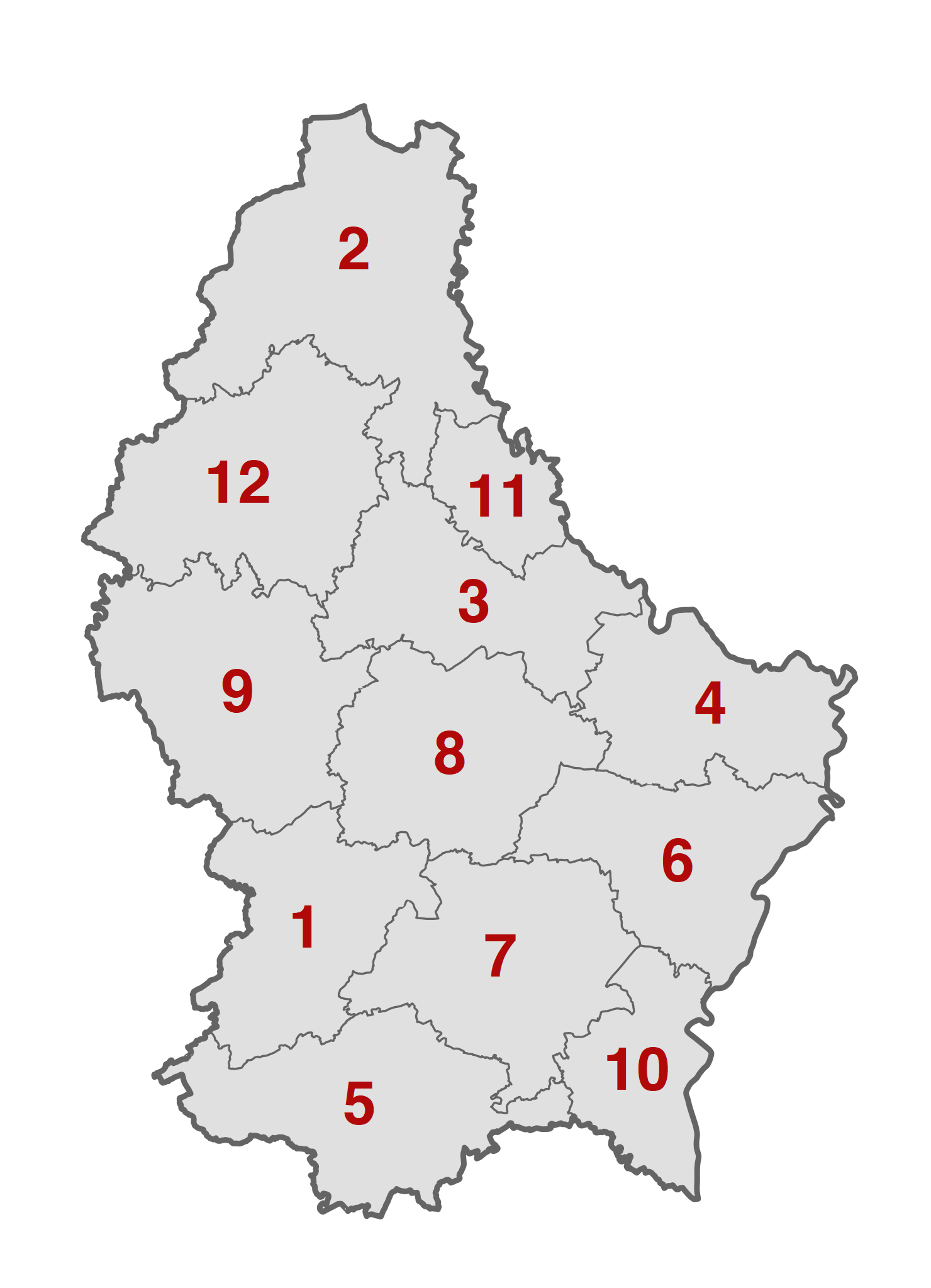 Kanton di Luxembourg: Capellen (1), Clervaux (2), Diekirch (3), Echternach(4), Esch-sur-Alzette (5), Grevenmacher (6), Luxembourg (7), Mersch (8), Redange (9), Remich (10), Vianden (11), Wiltz (12)