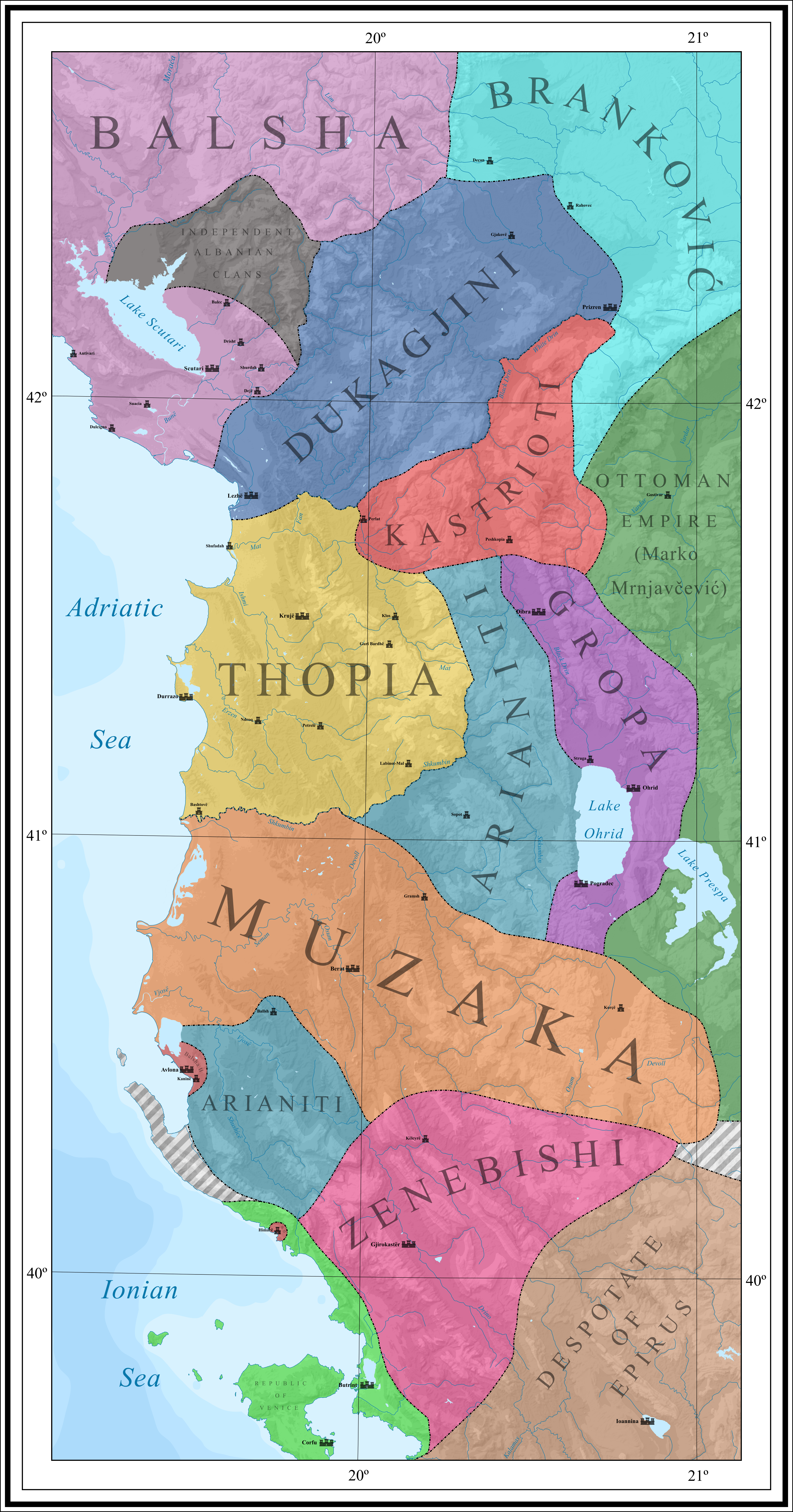 Các thân vương quốc Albania, khoảng năm 1390, không bao gồm Despotate của Arta