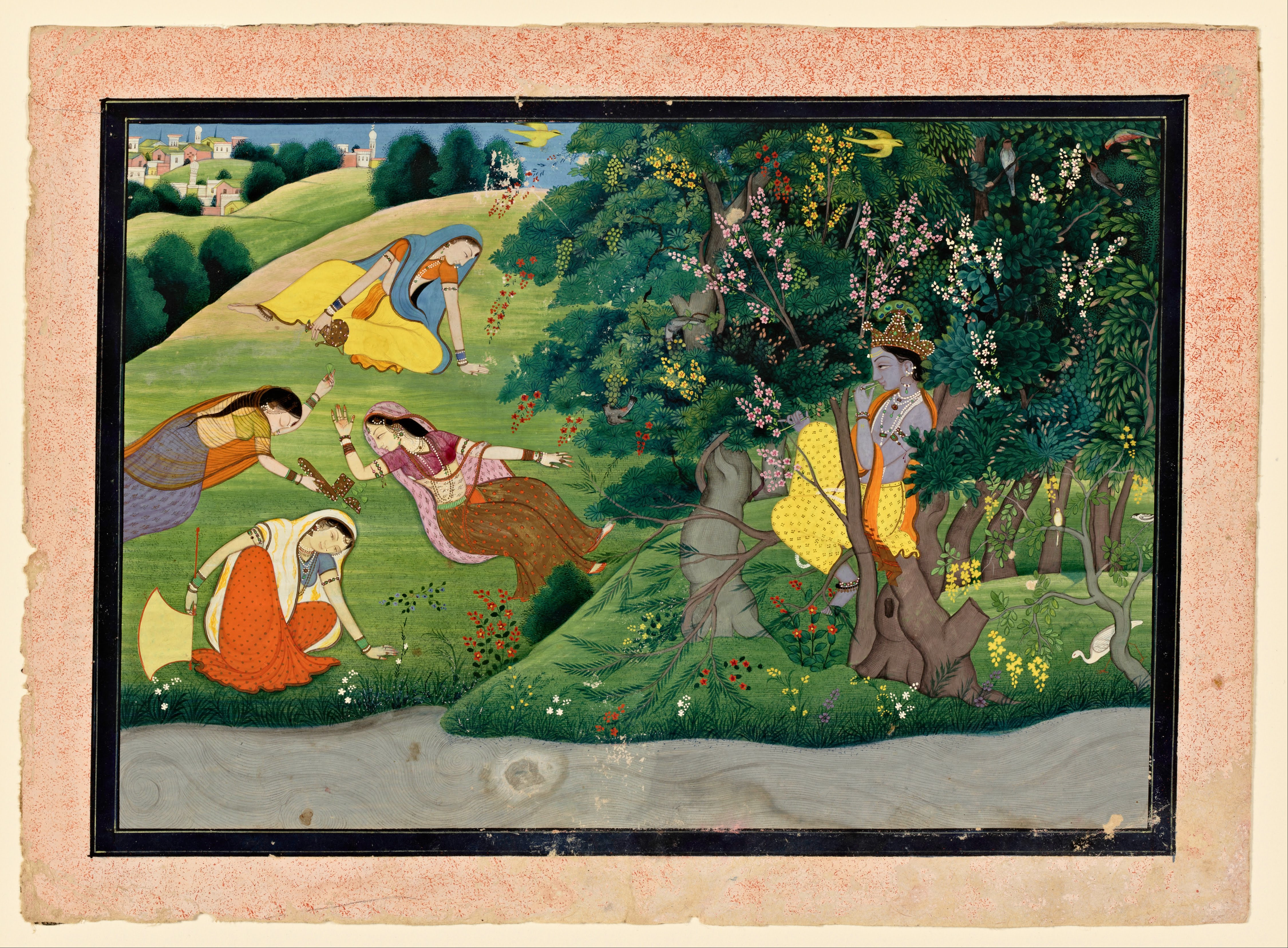 Krishna Memainkan Suling untuk Para Gadis Penggembala Sapi, lukisan Kangra, 1775-1785