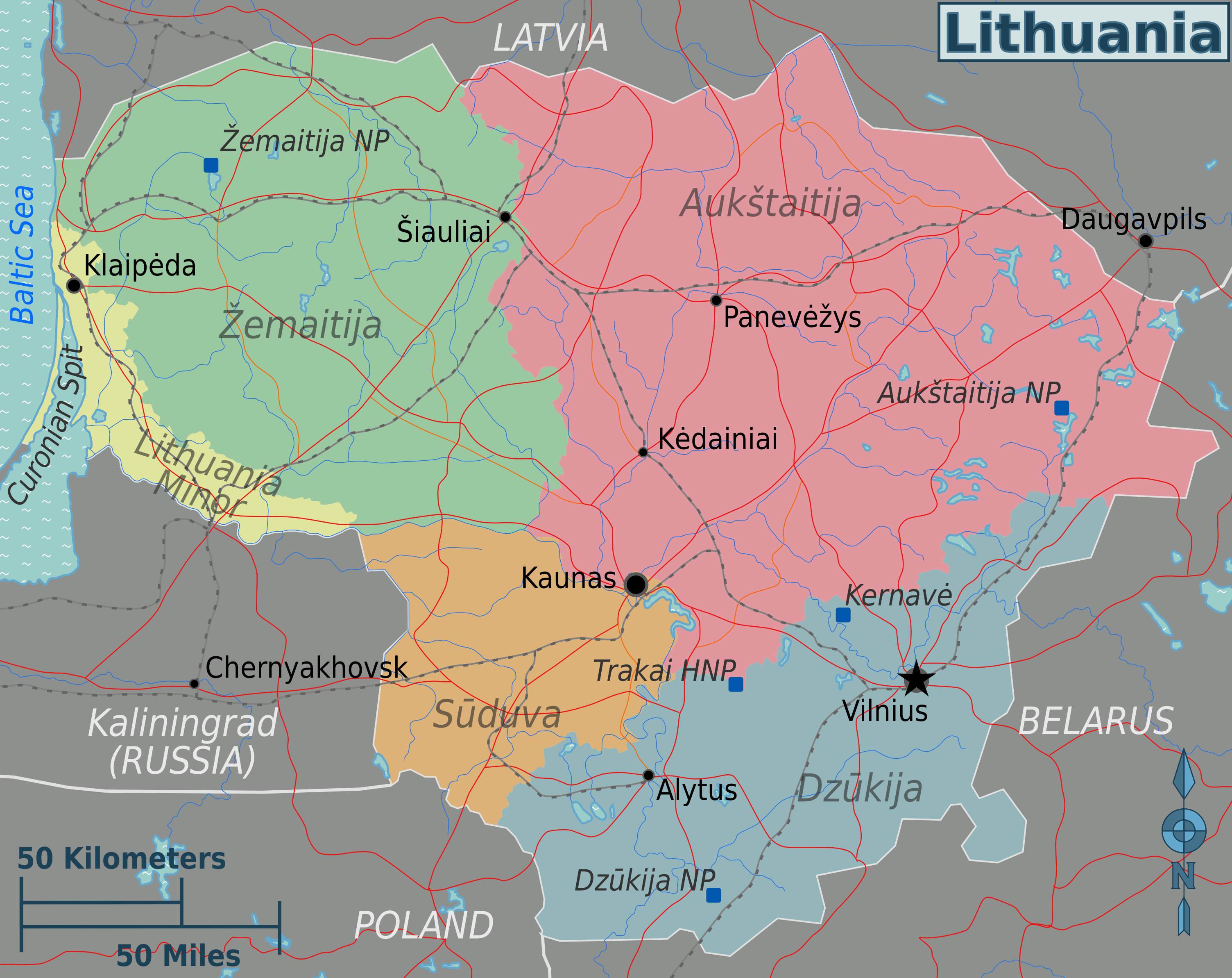 Peta wilayah kebudayaan Lithuania: Lithuania Minor (Mažoji Lietuva) - kuning air, Samogitia (Žemaitija) - hijau pucat, Aukštaitija (Tanah Tinggi) - merah jambu pucat, Dzūkija (Dainava) - biru kelabu, Suvalkija (Sudovia) - oker.