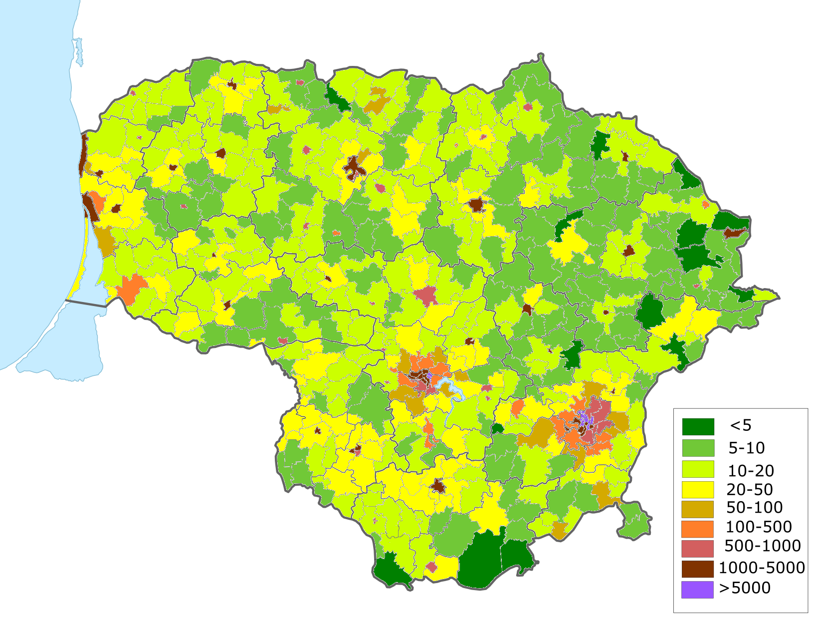 Kepadatan penduduk di Lithuania mengikut eldership