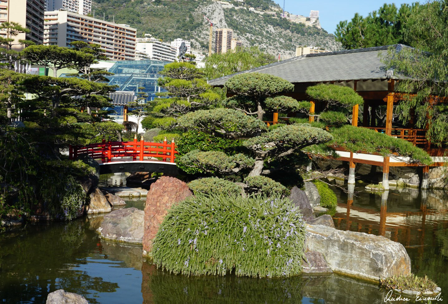 A view of the tranquil Japanese Garden in Monaco, offering a peaceful retreat.