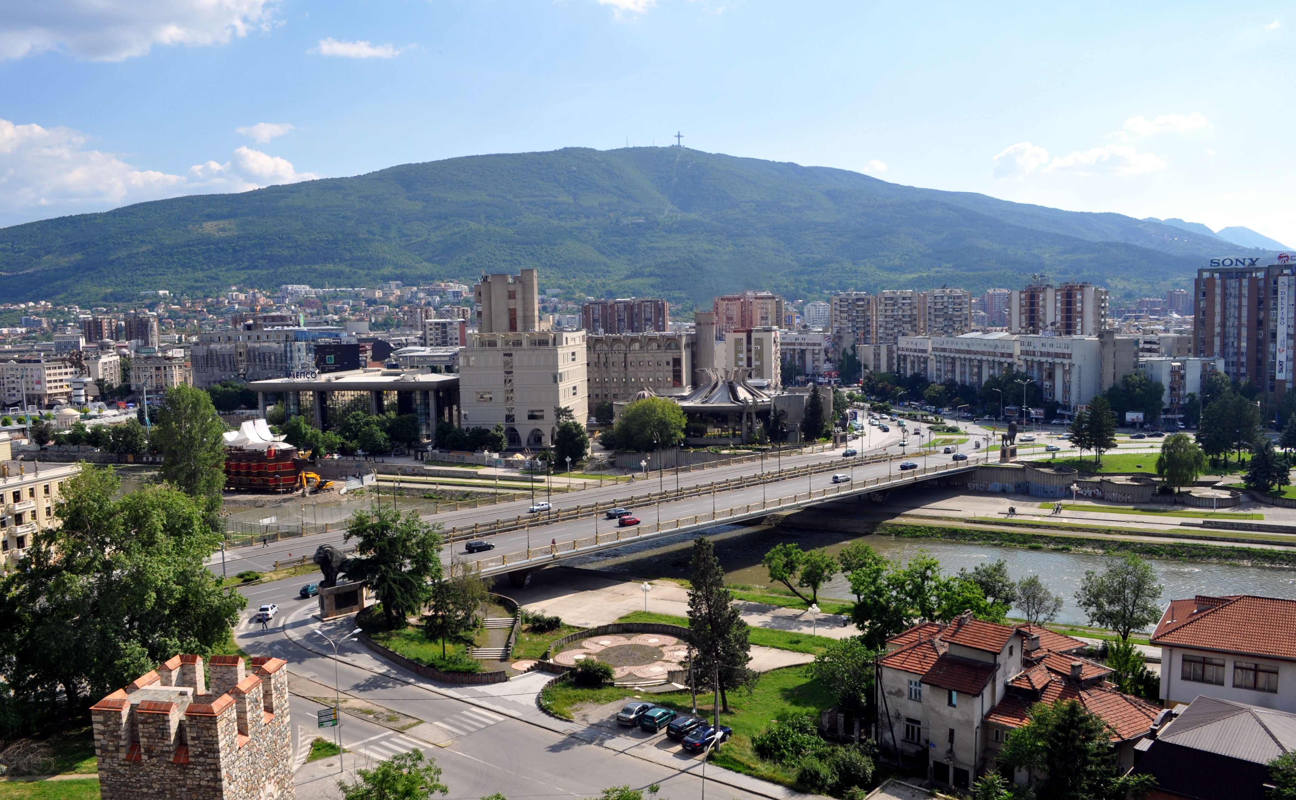 Skopje, the capital and largest city, featuring the Goce Delčev Bridge.
